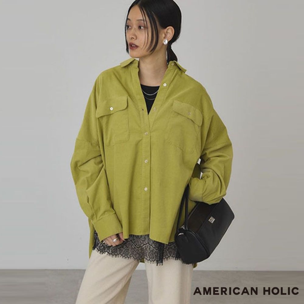 〔AMERICAN HOLIC〕柔軟燈芯絨金屬紐扣襯衫
