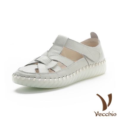 VECCHIO 真皮涼鞋 平底涼鞋/真皮頭層牛皮縷空花結造型手工縫線魔鬼粘平底涼鞋 米