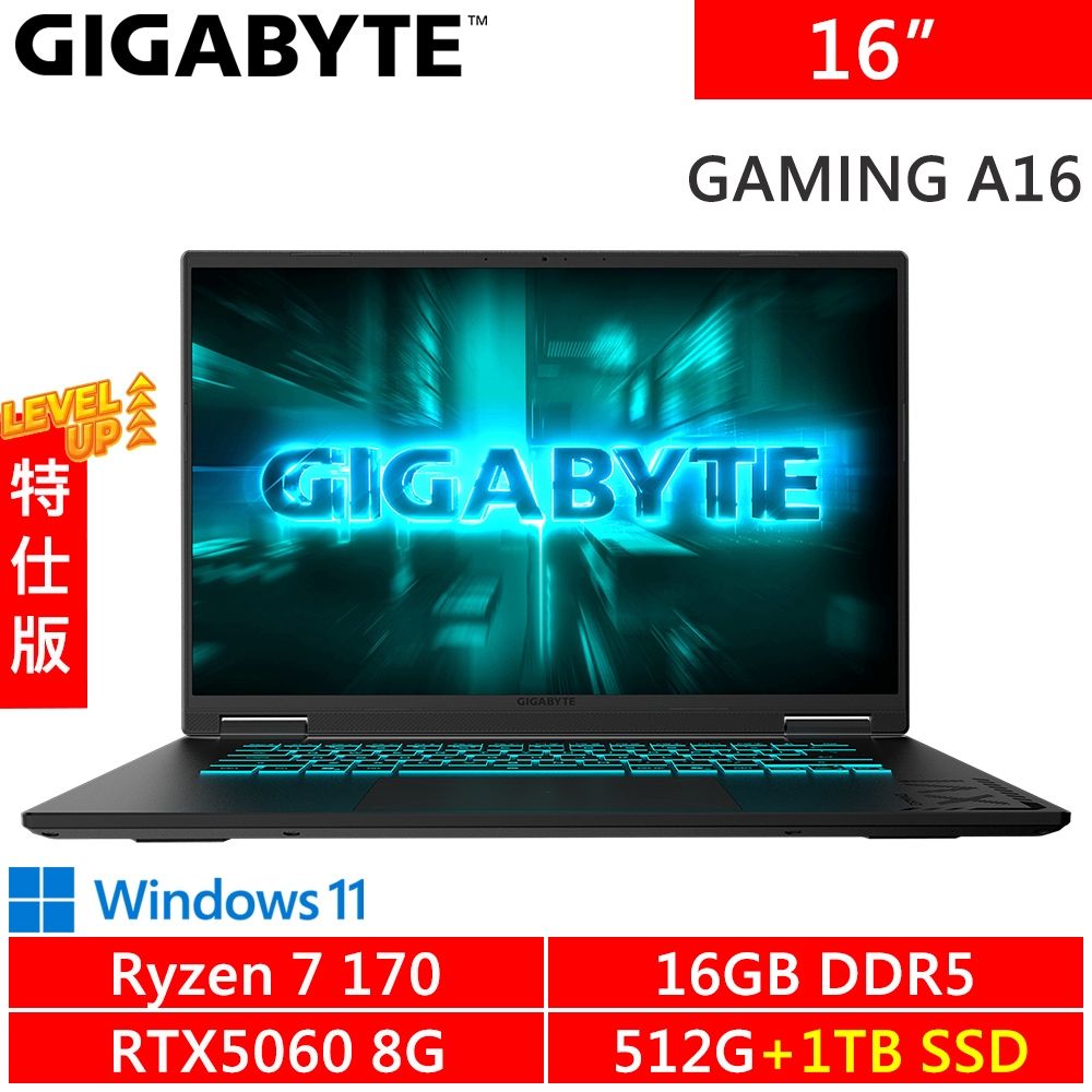 技嘉 GAMING A16 5VHP3TW893SH-SP2 16吋 黑(AMD Ryzen 7 170/16G DDR5/512G+1TB SSD/RTX5060 8G/W11)特仕機