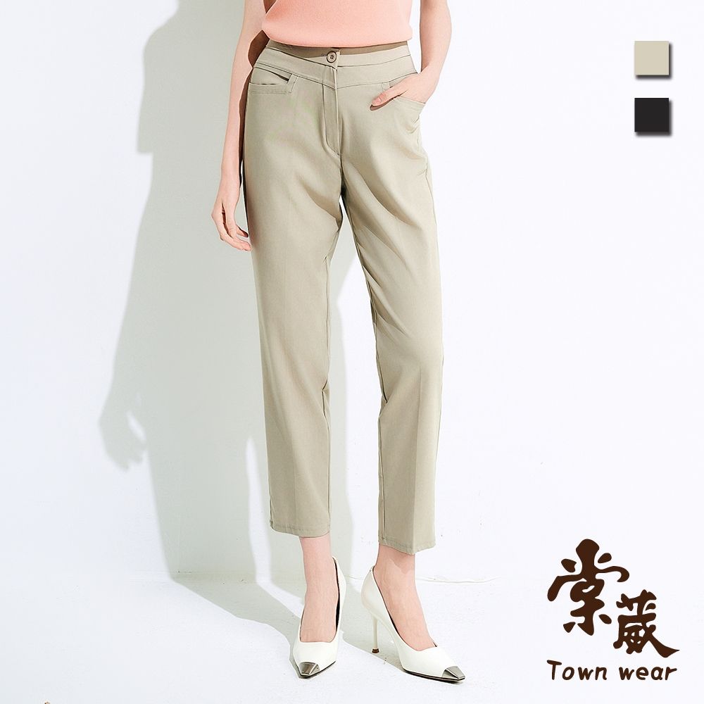 【TOWNWEAR棠葳】休閒素色口袋涼感長褲 2色(女下身/女下著/素色/腰頭彈性/直筒褲) (卡其色系)