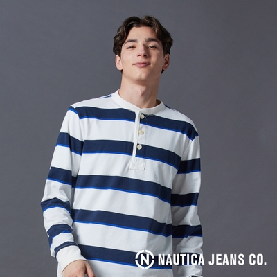 Nautica男裝 跳色條紋亨利領長袖POLO衫-白色