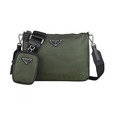 PRADA Re-Nylon+Saffiano搪瓷金屬LOGO輕盈尼龍拉鍊斜背包(軍綠)