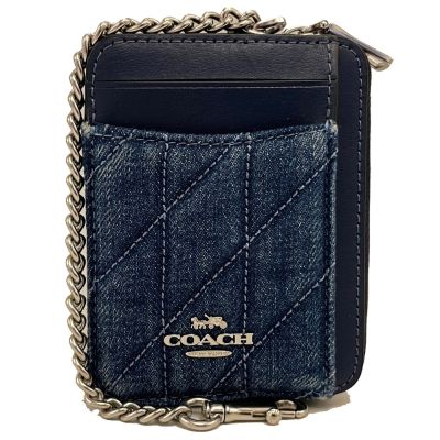 COACH 牛仔布絎縫菱格證件卡夾層鏈帶零錢包(藍)