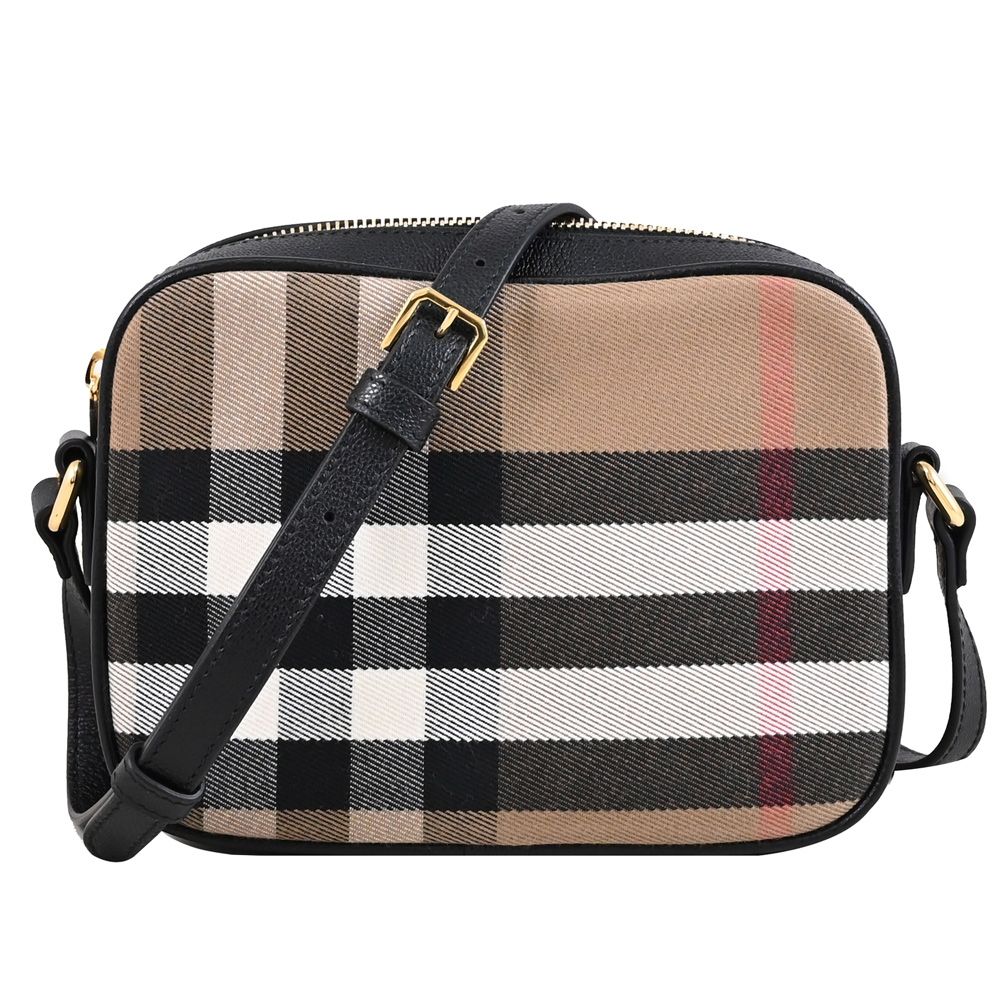 BURBERRY 格紋印花帆布斜背包/相機包(黑邊 19cm)