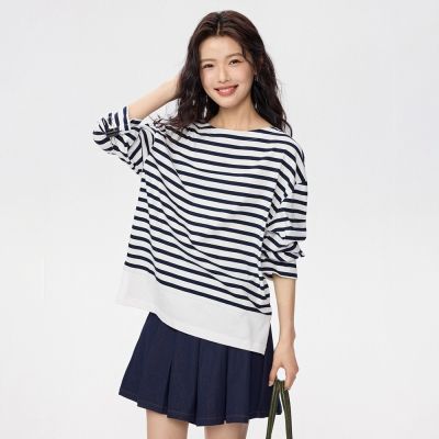 GIORDANO 女裝船領撞色條紋純棉長袖T恤【雙色任選】