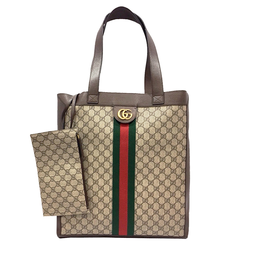 【GUCCI 古馳】779887經典GG LOGO綠紅綠織帶直立式肩背托特包(棕色)