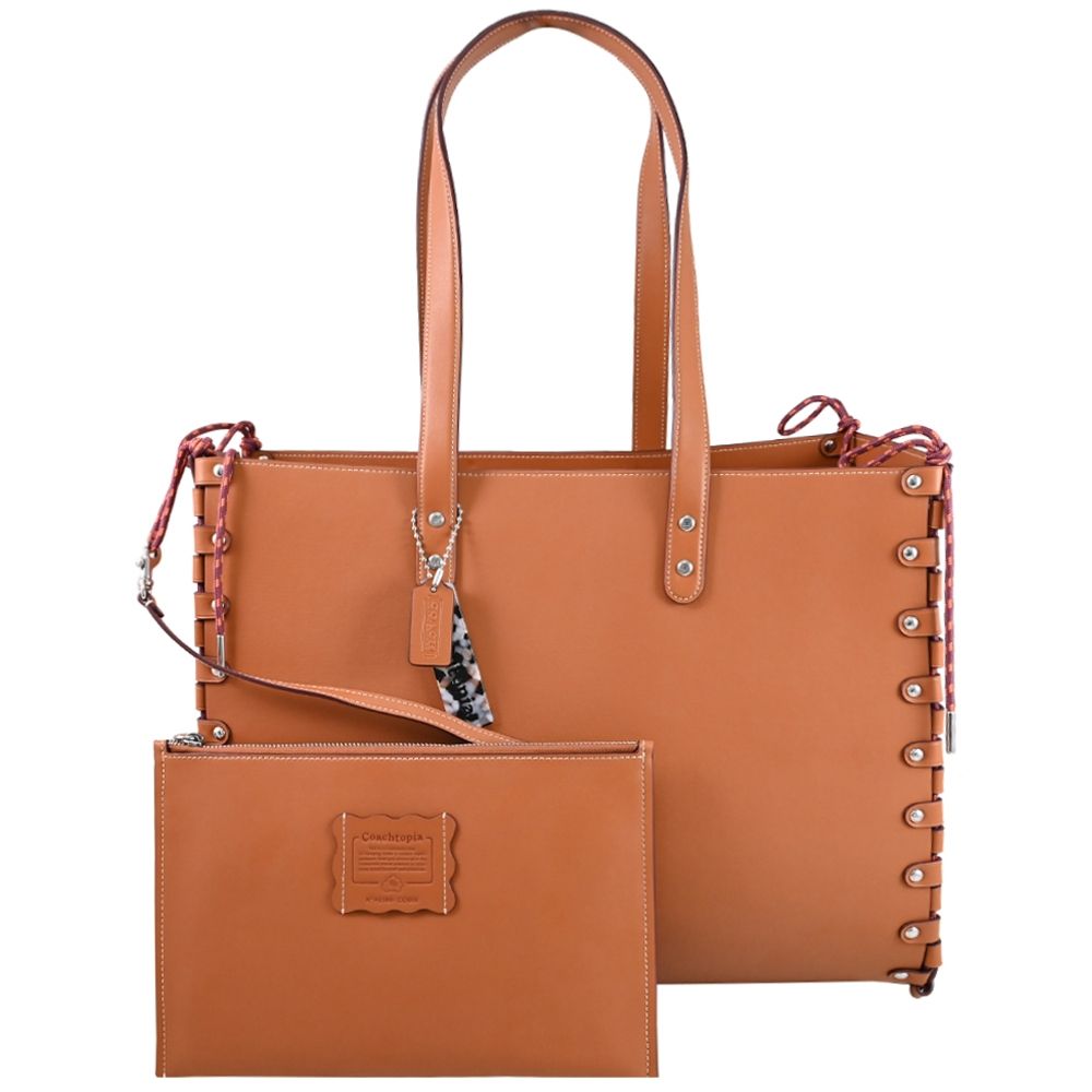 COACH Coachtopia 素面皮革可拆解綁帶肩背大容量托特包(棕色)