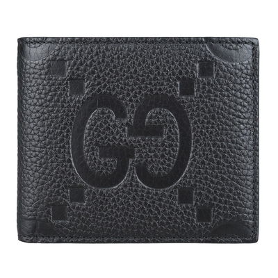 GUCCI Jumbo GG壓印LOGO粒面紋牛皮對折短夾(黑)