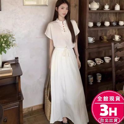 【梨卡】隔日到貨 女裝【套裝】上衣 長裙 短袖 半身裙 簡約大方 白色洋裝 度假風套裝 百搭長裙HZ131【現貨24H】