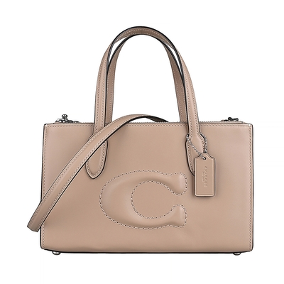 COACH NINA經典立體C字LOGO滑面牛皮手提斜背托特包(小/灰褐)