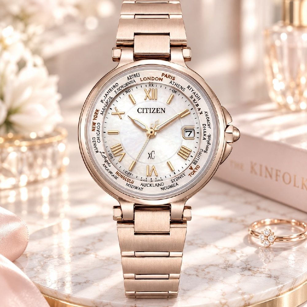 CITIZEN 星辰 xC系列 光動能電波 櫻花粉紅金 時尚腕錶 禮物 EC1017-58A
