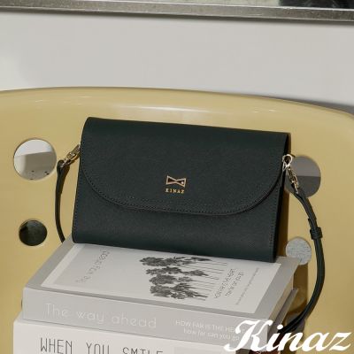 KINAZ 牛皮鑽飾蝴蝶結四層手拿斜背WOC貨幣包-深邃綠-喵星人系列