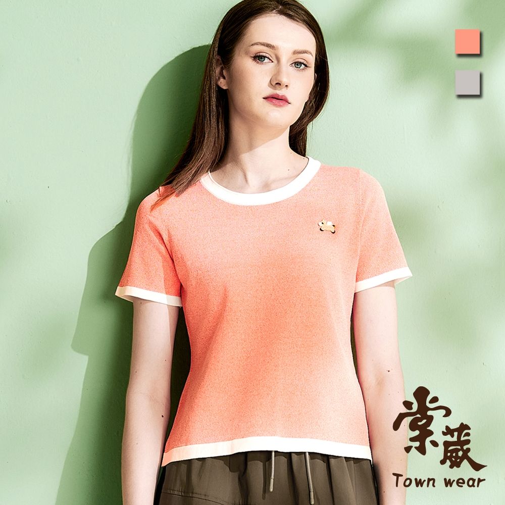 【TOWNWEAR棠葳】刺繡小馬撞色針織衫 2色(女上衣/女上著/短袖/拼接/休閒) (橘色系)