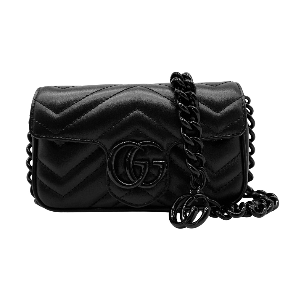 バッグ GUCCI Gucci 古馳GG Marmont 絎縫皮革黑釦鏈帶腰包/肩背包(699757-黑