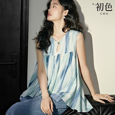初色 休閒寬鬆百搭暈染荷葉邊無袖圓領背心上衣女上衣-藍色-36147(M-2XL可選)
