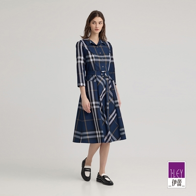 ILEY伊蕾 都會格紋棉質長洋裝(深藍；M-2L)