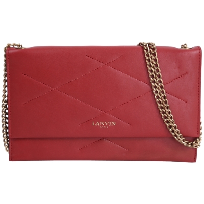 LANVIN Sugar 小羊皮菱格車縫設計鍊帶斜背包(紅色)