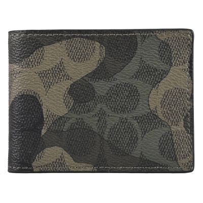 COACH 經典C字LOGO迷彩印花皮革對開式6卡短夾(軍綠)