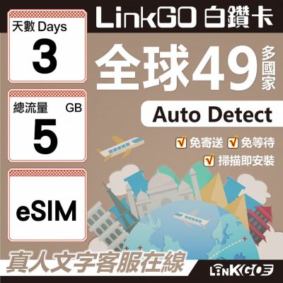 LINKGO白鑽卡 全球49國 eSIM卡 3天上網絡卡 總流量5GB(全球網絡卡 亞洲 歐洲 美洲 大洋洲 非洲)
