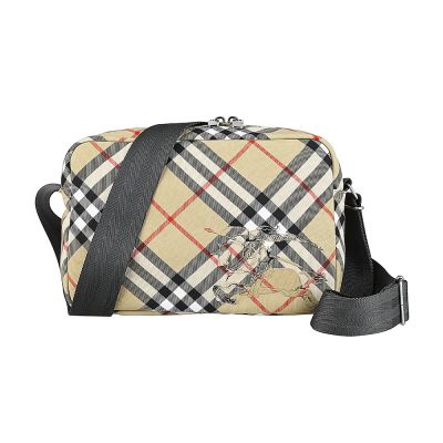 BURBERRY 戰馬標誌LOGO拼接格紋帆布雙拉鍊肩背斜背包(淺褐)