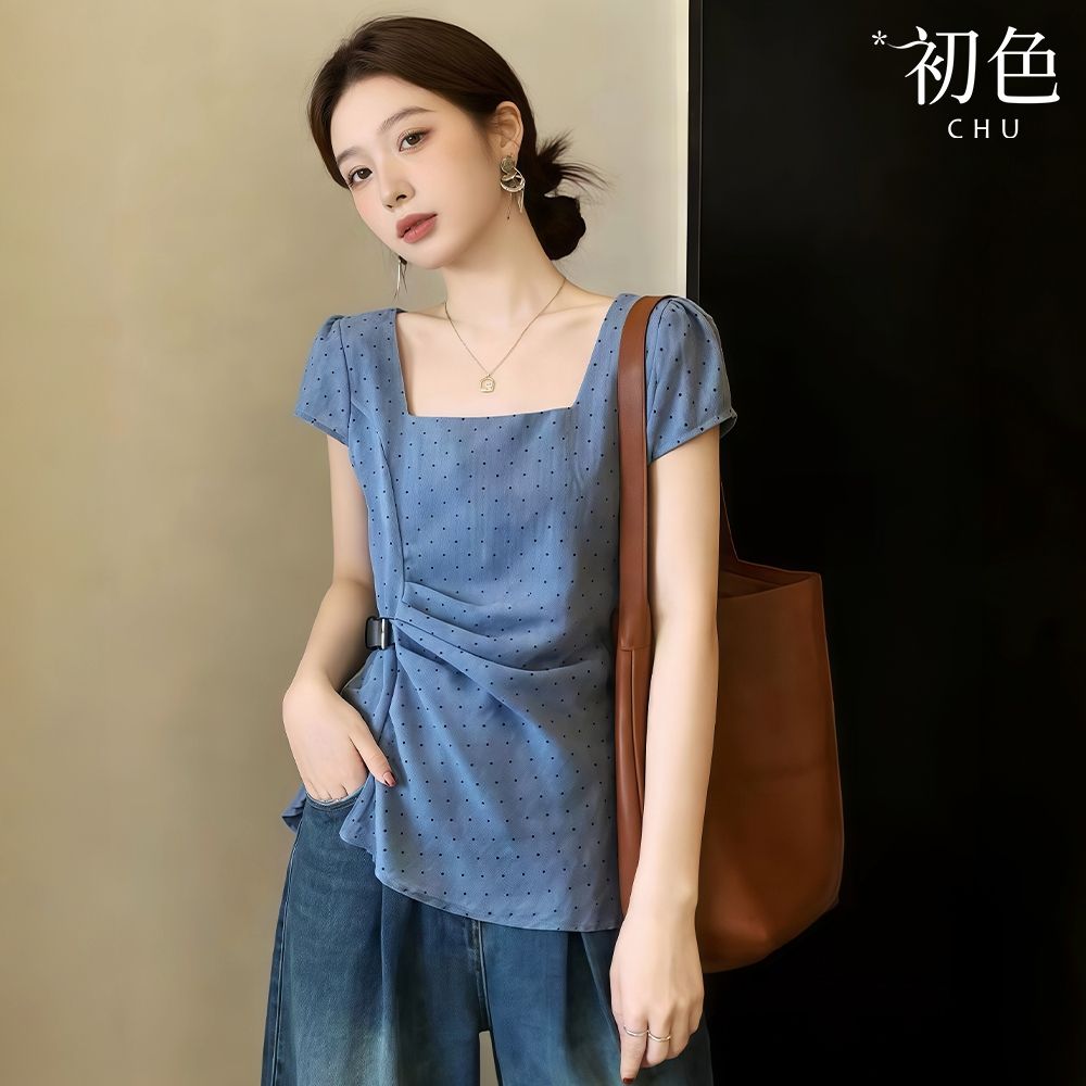 初色 法式通勤風波點皺褶收腰方領短袖襯衫上衣女上衣-藍色-52018(M-2XL可選)