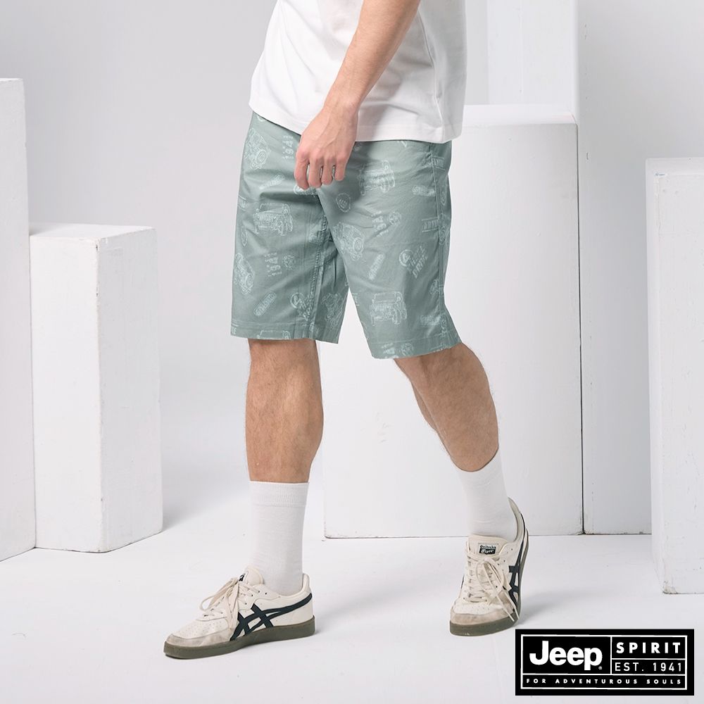 JEEP  男裝 滿版吉普車印花鬆緊腰頭短褲-綠色