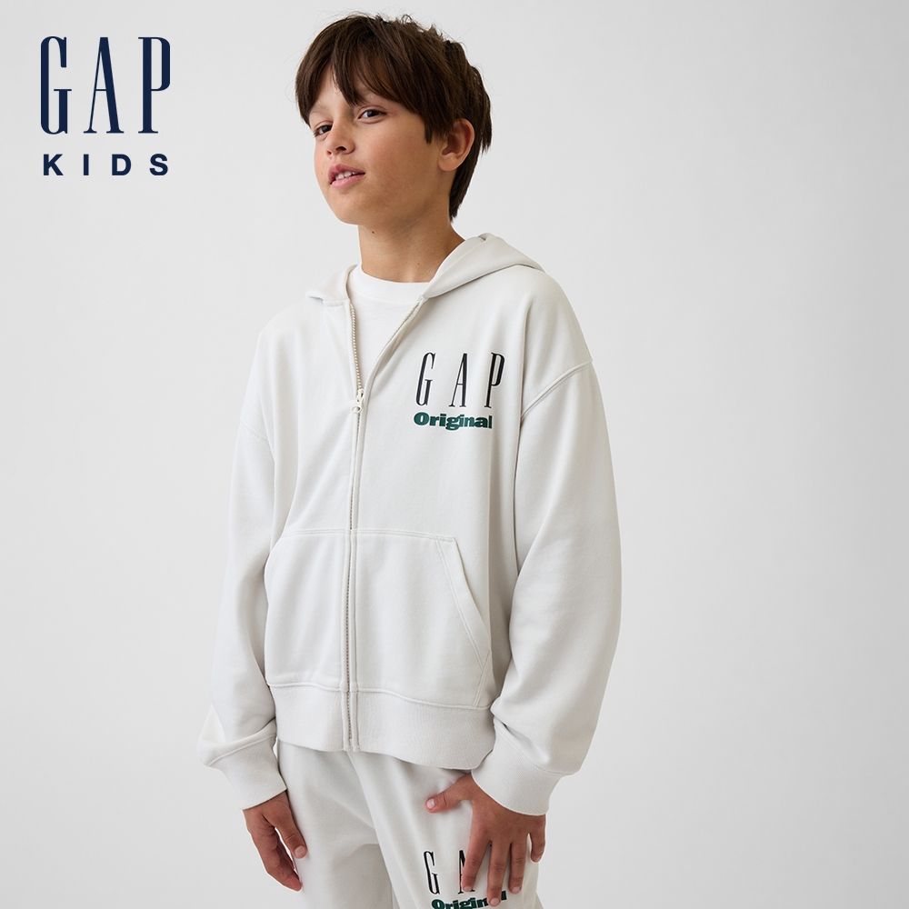 【GAP】兒童VintageSoft毛圈布寬鬆Gap Logo拉鍊連帽外套-白色(907668) (白色)