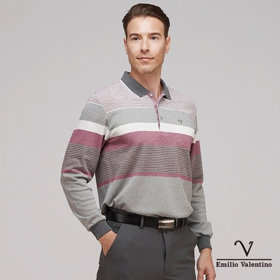 【Emilio Valentino範倫鐵諾】男裝保暖棉質磨毛長袖POLO衫 紅灰白(21-3V7882)