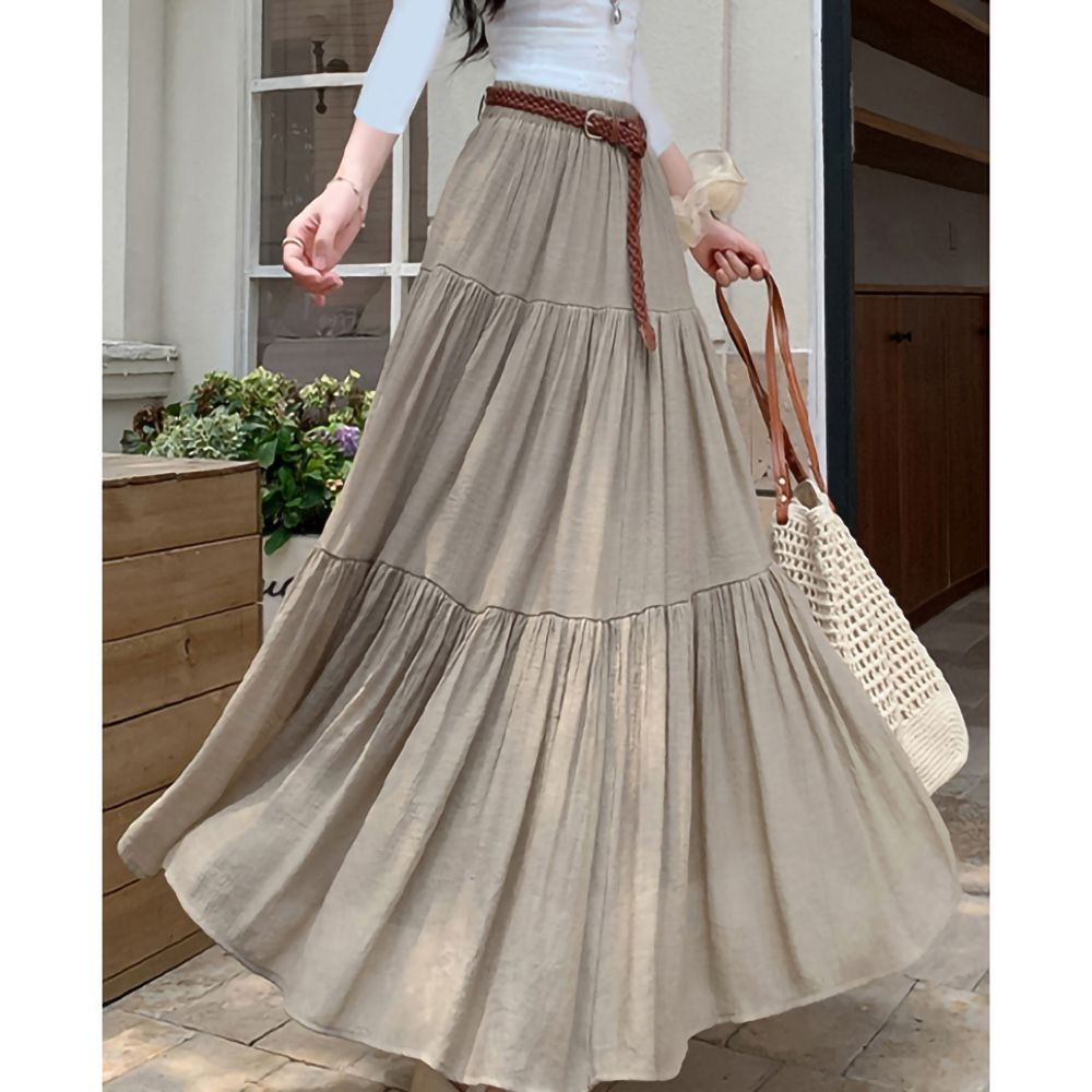 [韓國K.W.]現貨韓國空運法式隨性新款度假超長裙(小香風/韓國製/大擺裙) (卡其色)