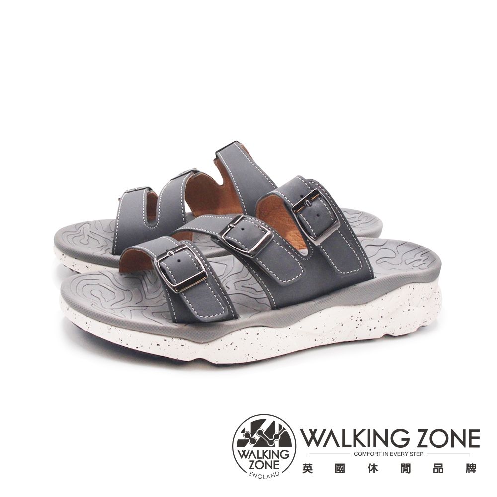 WALKING ZONE(男)三帶皮釦增高厚底拖鞋 男鞋-鐵灰色