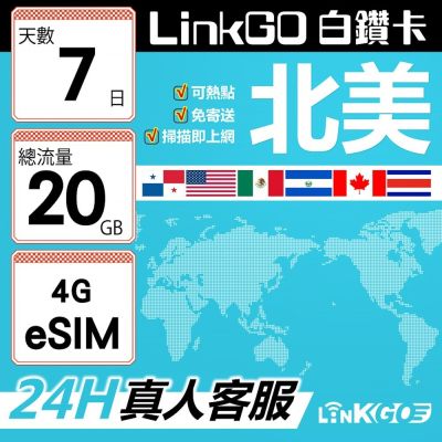 LinkGO白鑽卡 北美 eSIM卡 AT&T/Verizon 7天總流量20GB(北美網絡卡 美國 加拿大 墨西哥)
