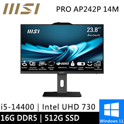 MSI微星 微星 PRO AP242P 14M-619TW-SP1 24型 黑(i5-14400/16G/512G SSD/W11)特仕版