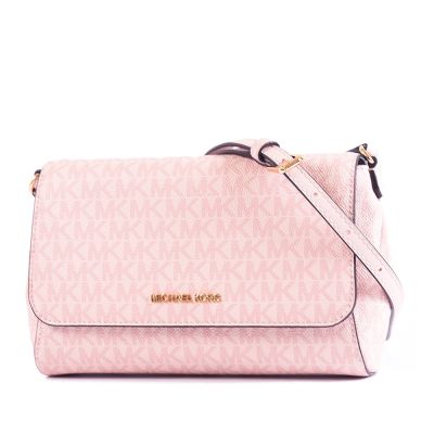 MICHAEL KORS 緹花LOGO防刮皮革磁吸翻蓋斜揹包-霧粉