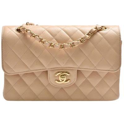 CHANEL香奈兒 CHANEL 經典COCO菱格粒紋牛皮雙鍊肩背包(23cm裸膚色)