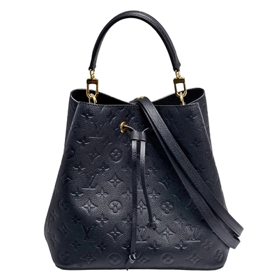 LV Louis Vuitton路易威登 M45256經典Neonoe MM系列Empreinte皮革束口斜背/肩背水桶包(黑色)