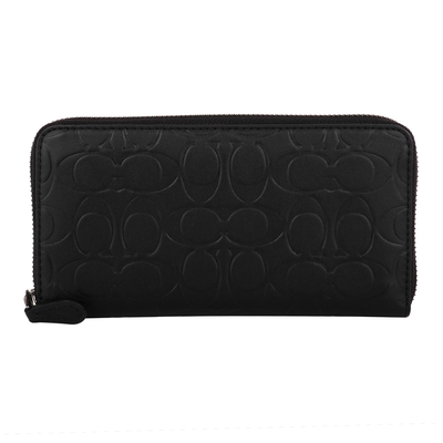 COACH  滿版壓印C LOGO皮革ㄇ型拉鍊長夾(素面黑)