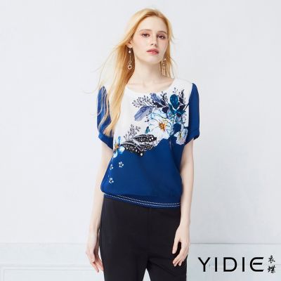 YIDIE衣蝶 知性優雅對比花卉印花短袖上衣-藍