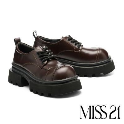 厚底鞋 MISS 21 個性復古純色拼接亮感綁帶大頭厚底鞋-咖