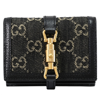 GUCCI 古馳  Jackie 1961 品牌經典壓釦造型緹花帆布拼接牛皮零錢小短夾(黑邊)