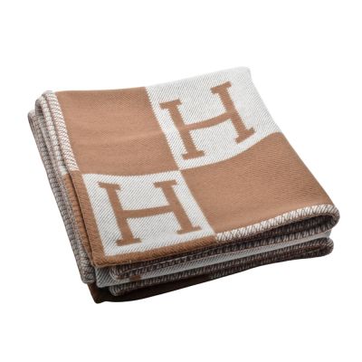HERMES 經典Avalon系列H LOGO格紋車線滾邊羊毛大毛毯(駝色/淺米色)
