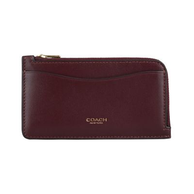 COACH經典New York撞色小牛皮L型拉鍊卡夾零錢包(5卡/酒紅)