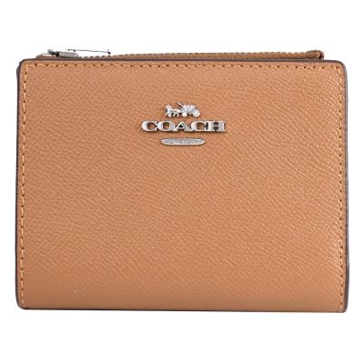 COACH 經典馬車LOGO防刮皮革扣式零錢短夾(淺咖)