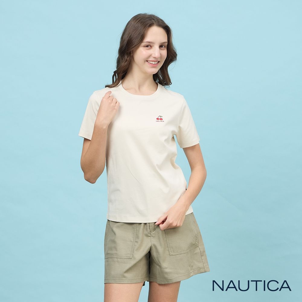 NAUTICA 官方旗艦 女裝 櫻桃圖騰刺繡涼感短袖T恤-白色