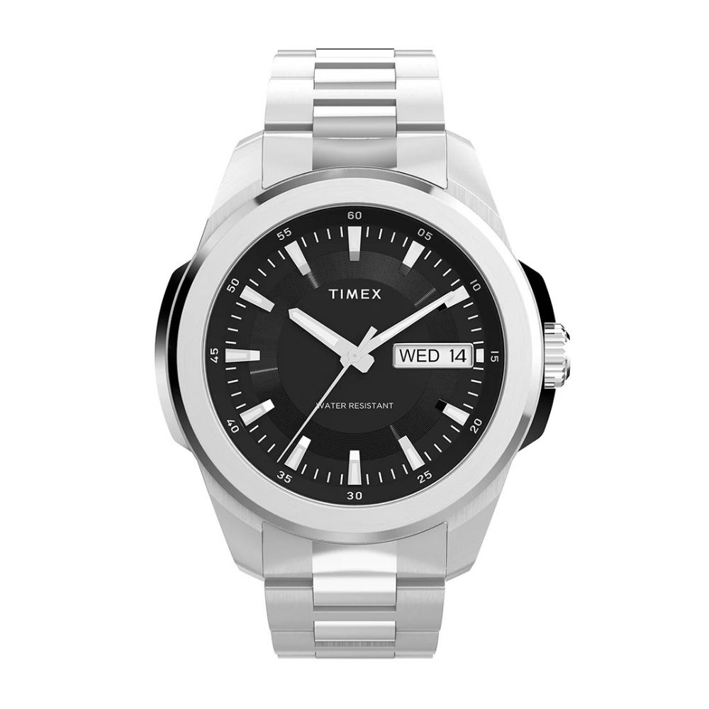 TIMEX 天美時 Essex Avenue 45毫米 大錶面 日期 星期 不鏽鋼錶帶腕錶(黑x銀 TXTW2Y21000)