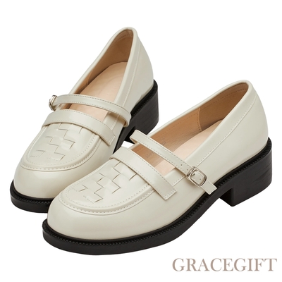 【Grace Gift】貴族學院編織瑪莉珍樂福鞋 米白