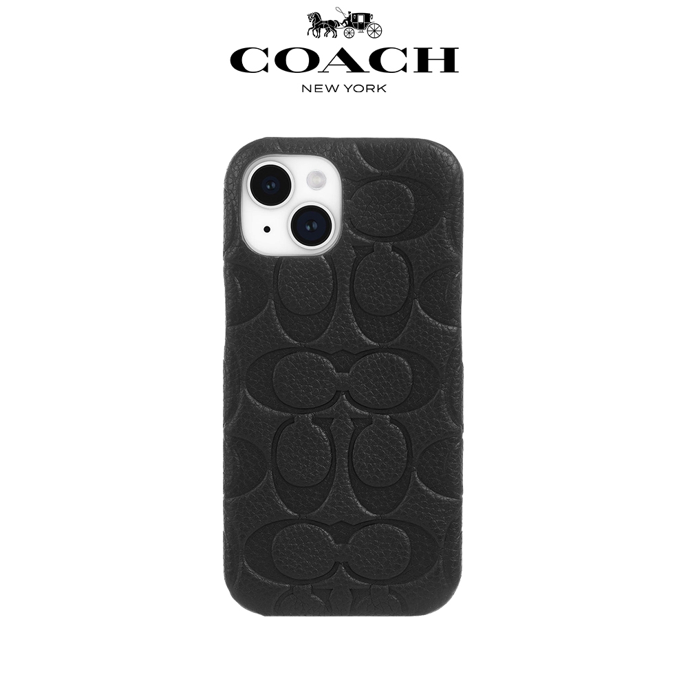 【COACH】iPhone 15系列 真皮手機殼 黑色壓花經典大C