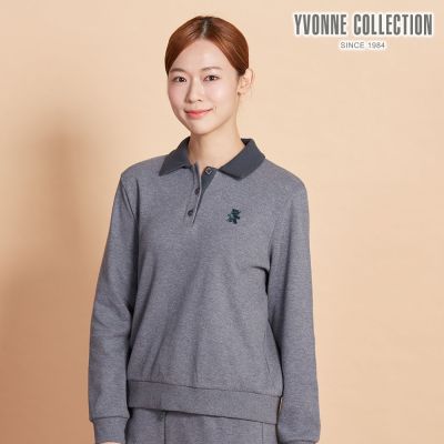 YVONNE 以旺傢飾 伯恩熊繡花半開襟長袖上衣-岩石灰