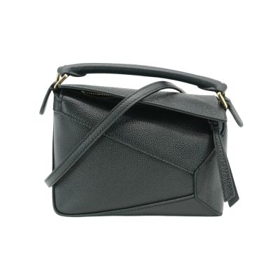Loewe 羅威 Mini Puzzle 牛皮金釦手提兩用包(黑)