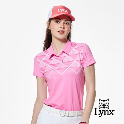 【Lynx Golf】女款吸濕排汗胸前菱格紋拼接短袖POLO衫/高爾夫球衫-桃粉色