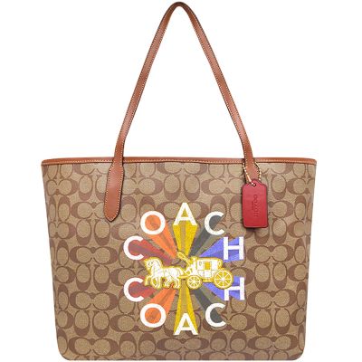 COACH 焦糖色彩虹大C PVC手提/托特包-大型